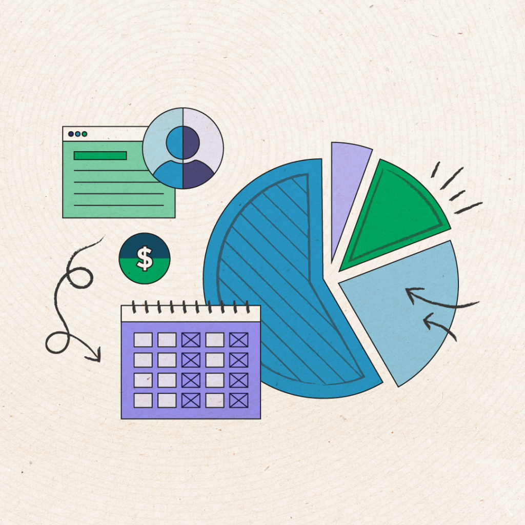 Illustration of a pie chart with arrows highlighting segments, surrounded by icons of a calendar, dollar sign, user profile, and webpage, symbolizing data-driven marketing strategy.