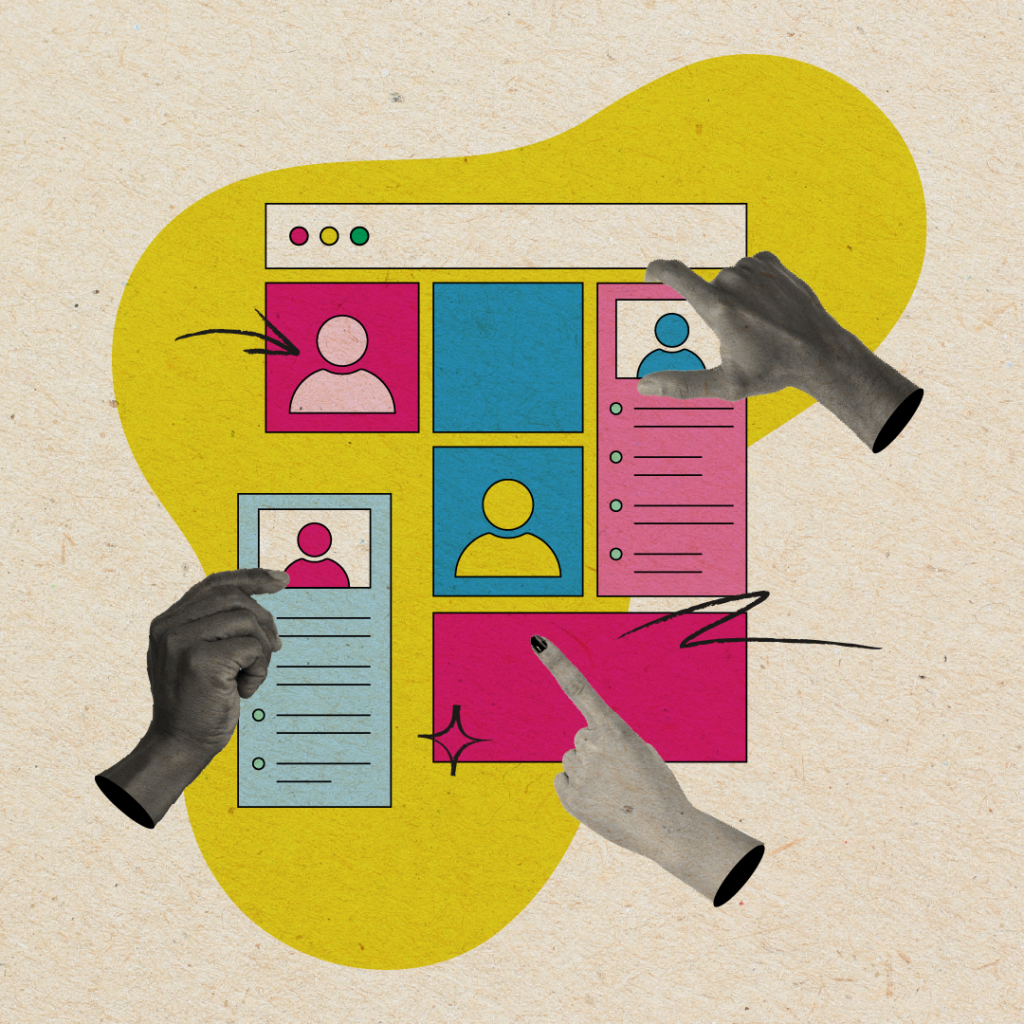 Illustration of a stylized web page layout with colorful profile cards, checklists, and various hand cutouts pointing or placing profile elements. The background is a textured beige with yellow and blue accent shapes, suggesting the theme of recruitment or selecting candidates.