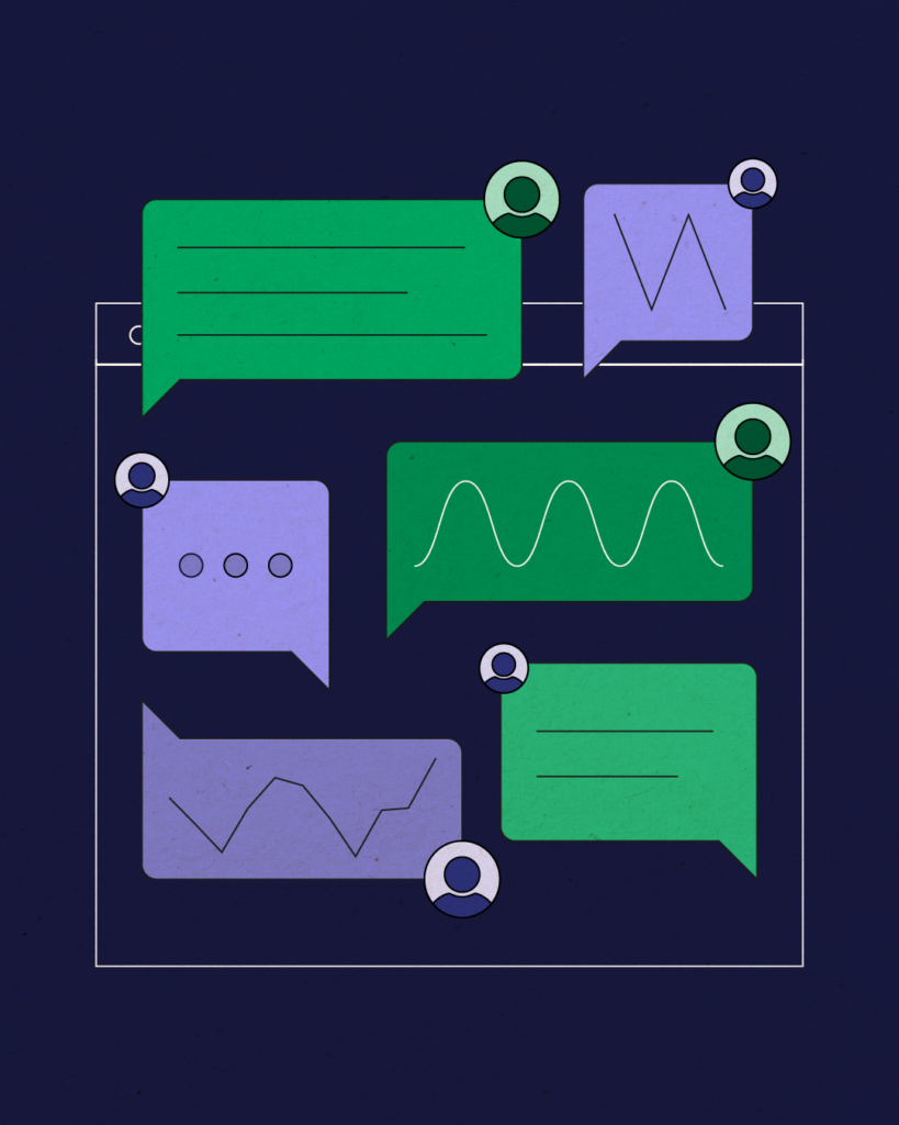 Illustration of a web browser window containing multiple colorful chat bubbles. Green and purple message boxes appear to represent conversations between different users, each marked by small circular profile icons. The background is dark blue, giving contrast to the bright, stylized chat elements.