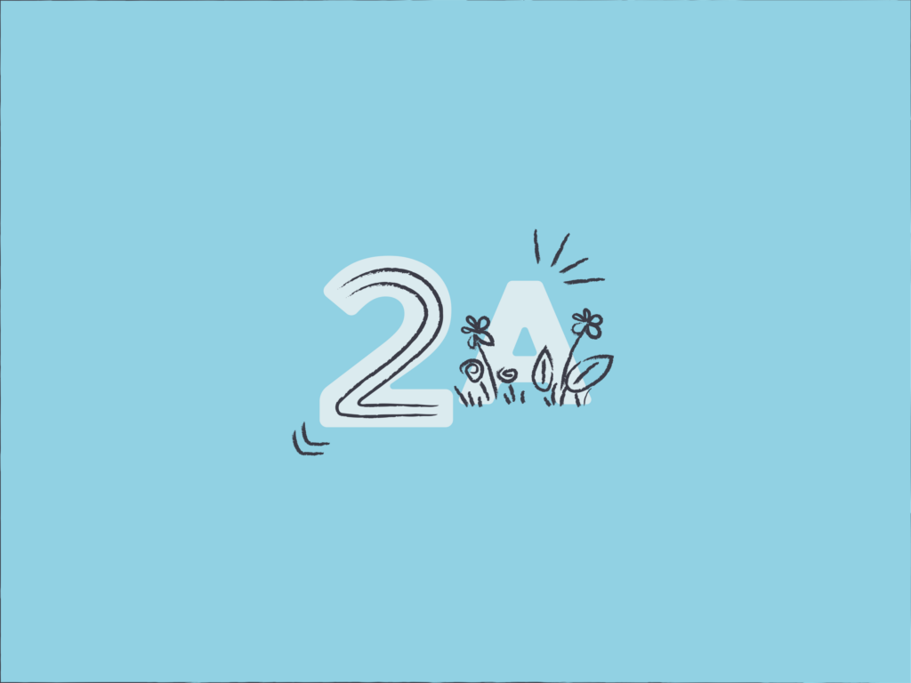 Illustration of the 2A letters with flowers growing around them