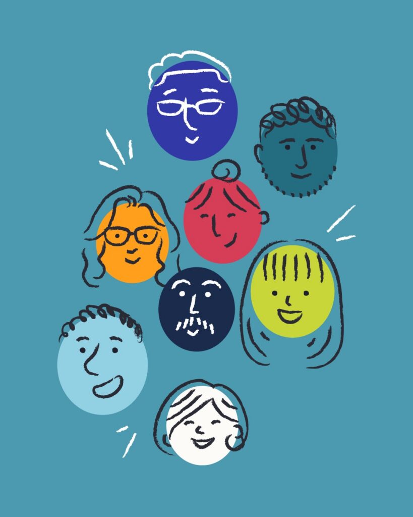 Hand-drawn illustration of eight smiling faces in different colors, clustered together on a teal background