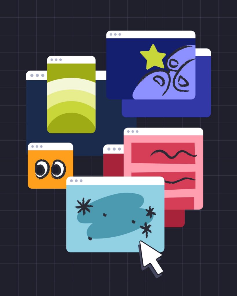 Illustration of stacked browser windows filled with colorful abstract artwork, with a cursor pointing at them on a dark grid background