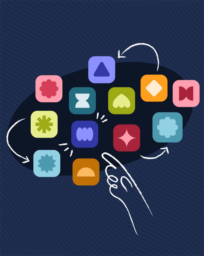 Hand-drawn hand reaching up toward a cluster of colorful app icon tiles on a navy background, with arrows looping around the group